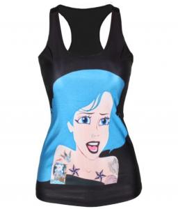 Debardeur top noir imprim Ariel sirne rock princesse tattoo dark cheveux bleus