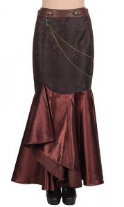 Longue jupe brocart et satin marron steampunk avec volants et chaine
