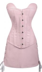 Ensemble corset et jupe imitation cuir rose avec zip  l\'avant, ftish sexy