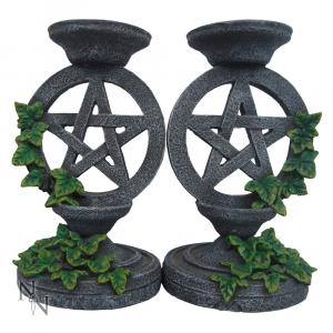 Lot de 2 Bougeoirs chandelier pentagramme imitation pierre avec lierre, witch occulte