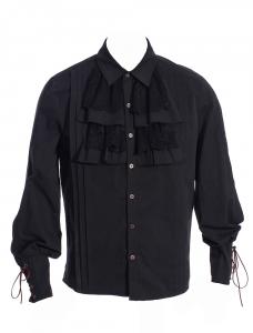 Chemise noire homme avec jabot, bouton engrenages et laages, steampunk RQBL