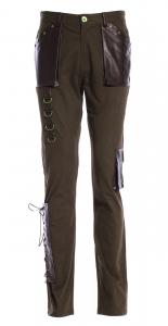 Pantalon vert homme avec poches imitation cuir marron, laages et anneaux, steampunk RQBL