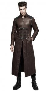 Long manteau classe marron imitation cuir avec sangles steapunk, Punk Rave