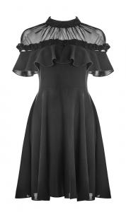 Robe noire, froufrou amovible, col transparent, gothique casual mignon