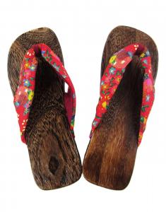 Sandales Geta en bois, tissu rouge  ventails et fleurs, Japonais traditionnel