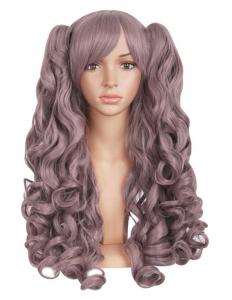 Perruque longue boucle grise violette 70 cm avec couettes, cosplay