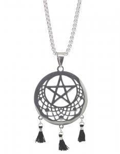 Collier argent attrape rves pentagramme avec pompons, witchy pagan wicca