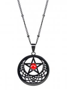 Collier noir lune pentacle avec pierre rouge, witchy wicca