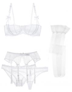 Ensemble lingerie fine 5pcs blanc  dentelle transparente, sous-vtement sexy