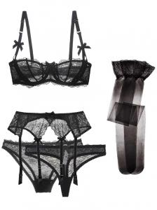 Ensemble lingerie fine 5pcs noire  dentelle transparente, sous-vtement sexy