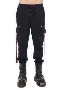 Men's black cargo pants with large pockets and red borders, goth rock